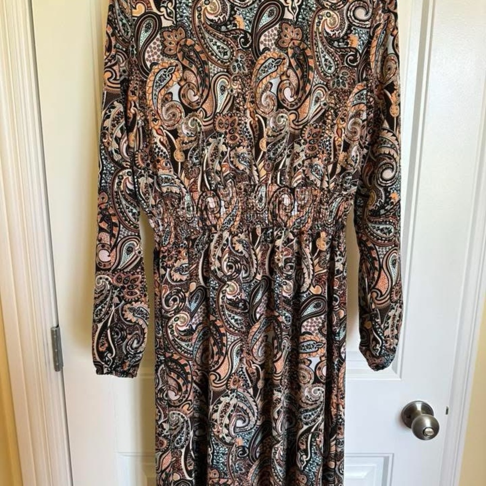 SHEIN Brown and Orange Maxi Sundress with Bishop Sleeves